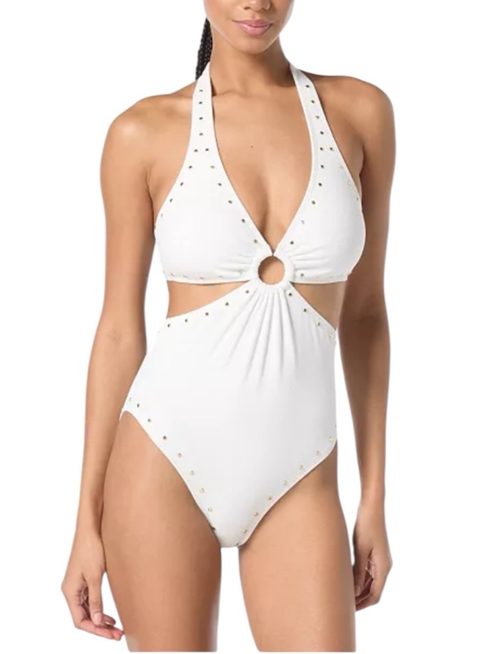 MICHAEL KORS New White Crepe Ring Halter Cut Out One Piece Swimsuit Studs Size 8